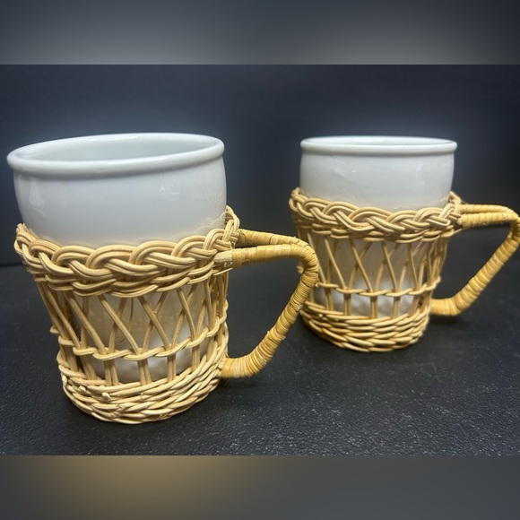 coffee mugs - set of 2 - ceramic & wicker boho - Picture 1 of 8